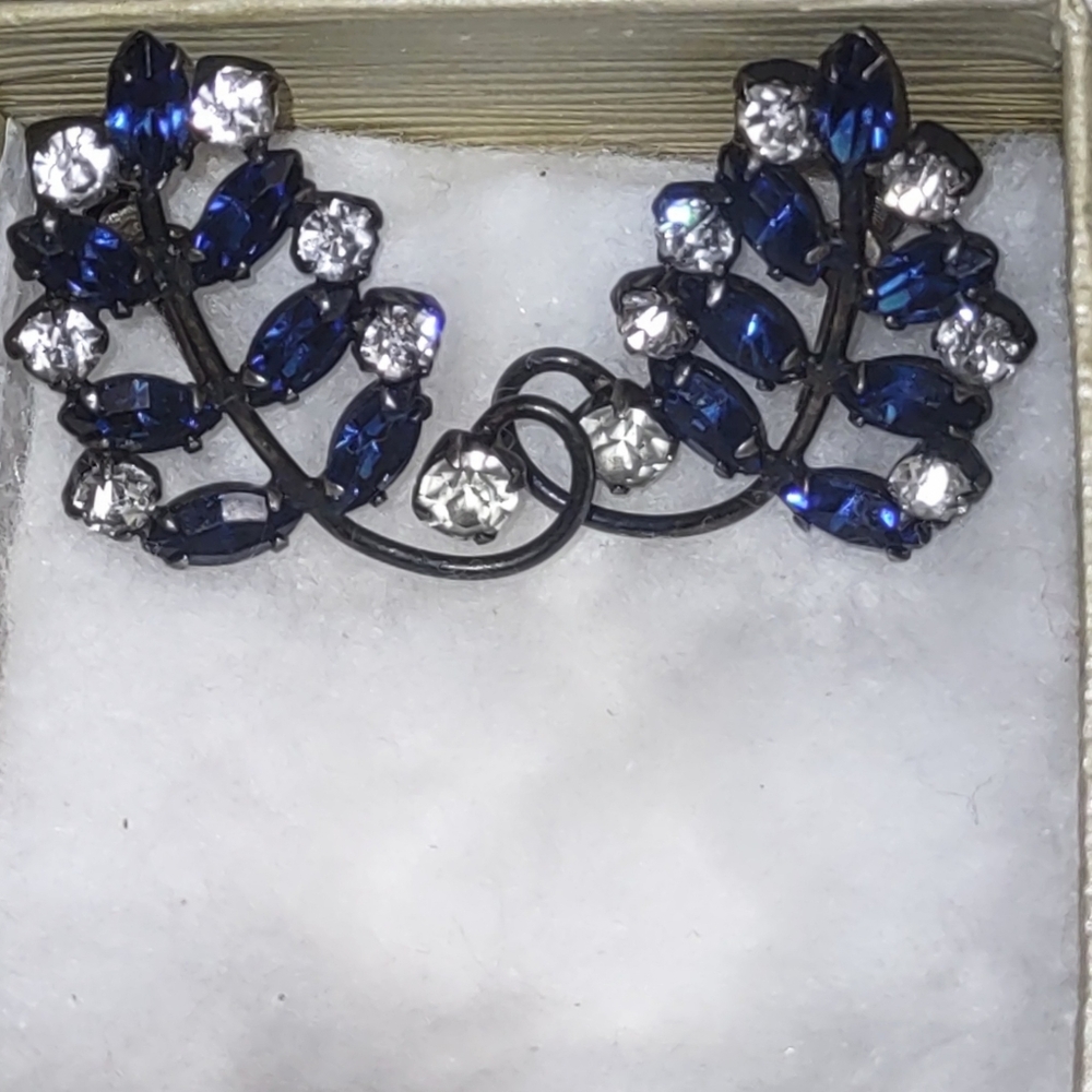 Vintage Blue & White Rhinestone Earrings Sterling Silver - Picture 2 of 16